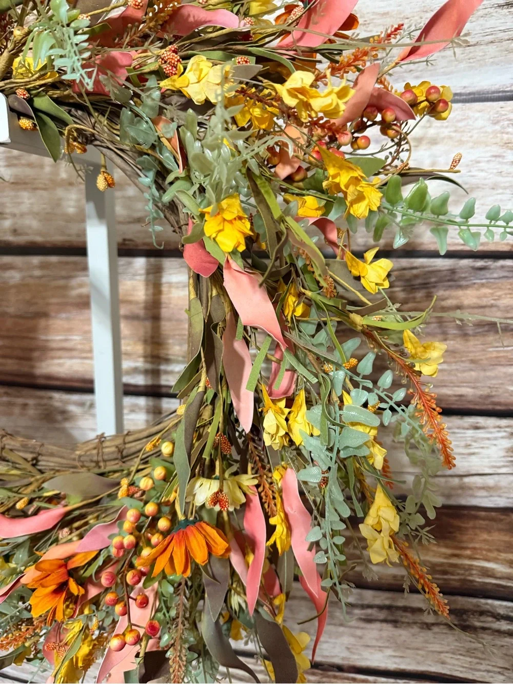 Autumn Flower & Berry Faux Floral Wreath - Yellow Orange & Pink